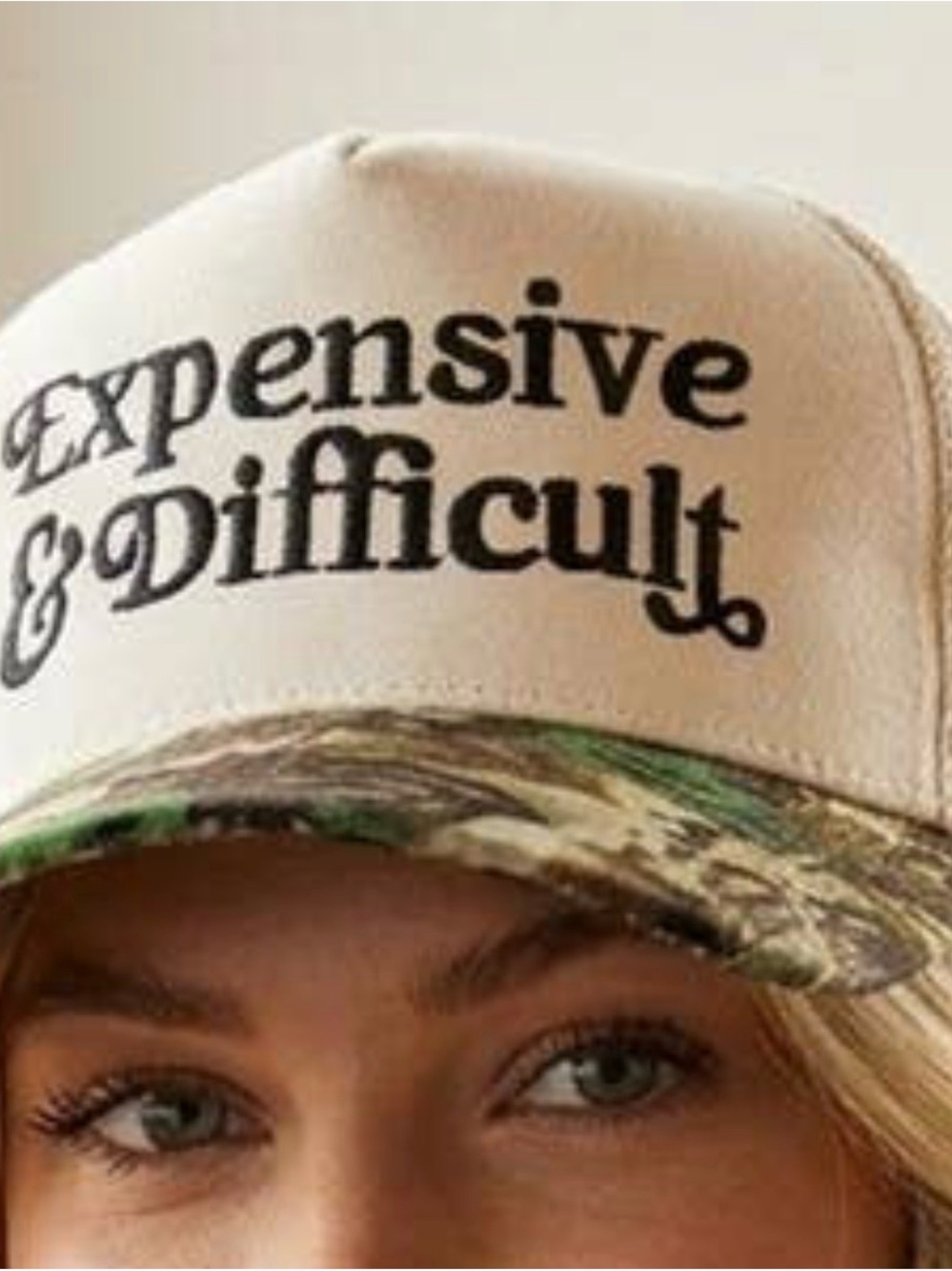 NEW Beige 'Expensive & Difficult' Trucker Hat with Camo Brim & mesh back